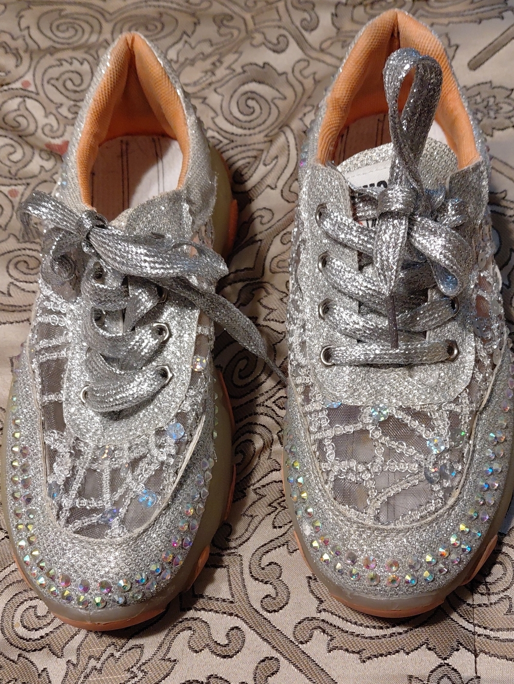 Silver Glitter Rhinestone Lace-Up Sneakers